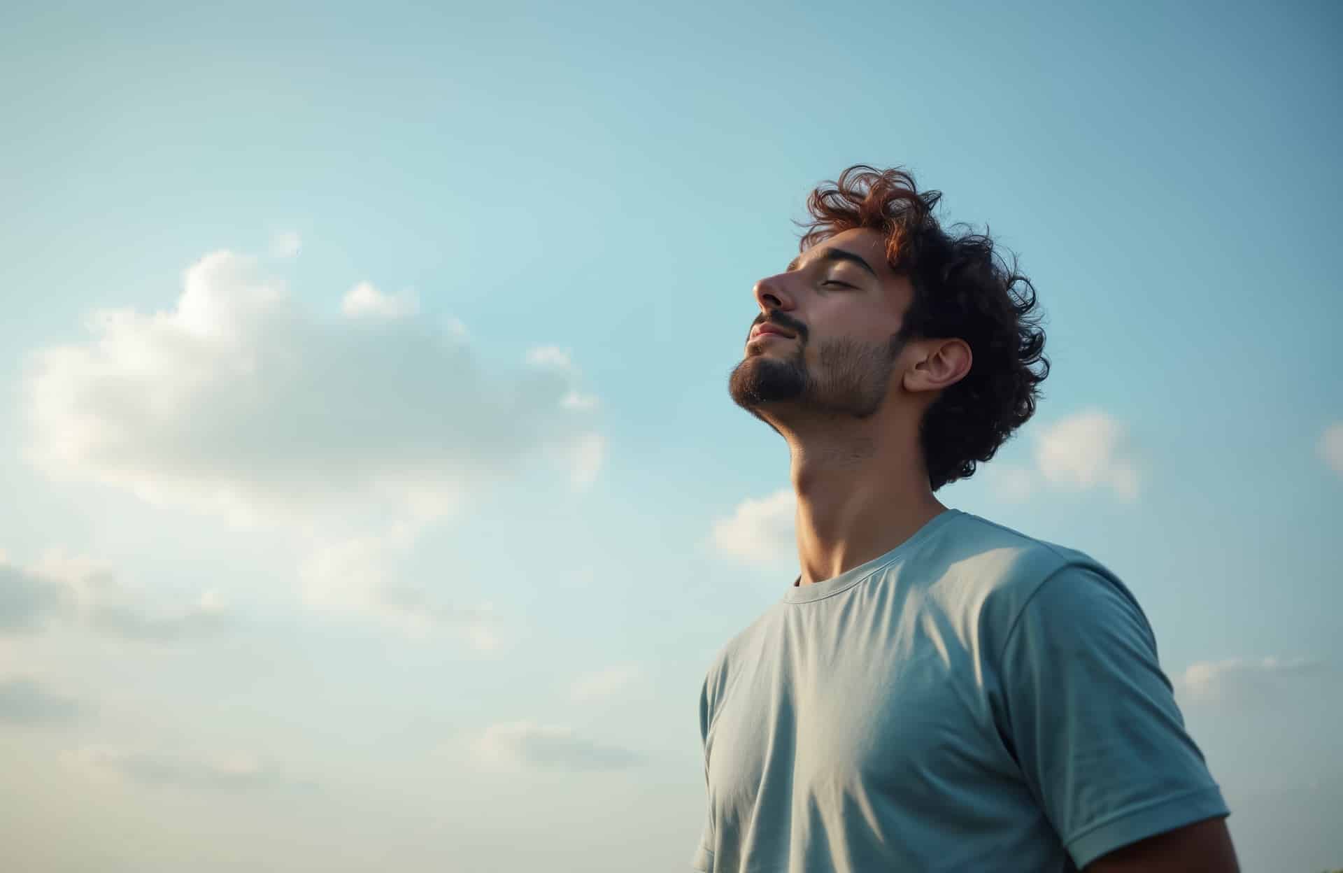 Mann atmet tief unter blauem Himmel | Veev One