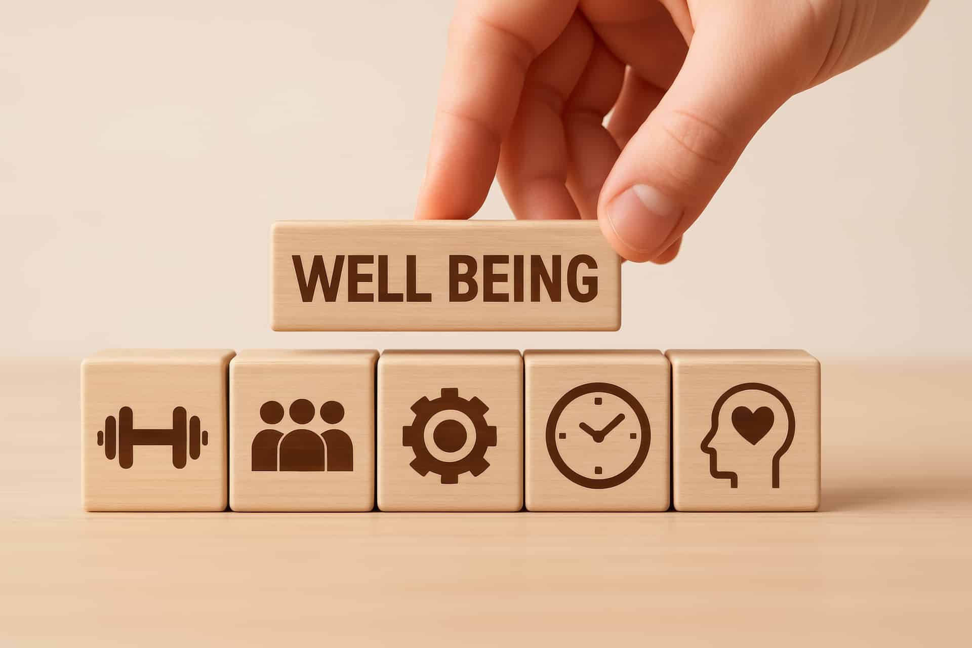 Holzklötze mit Well Being und Symbolen | Pflegefachkraft Frankfurt