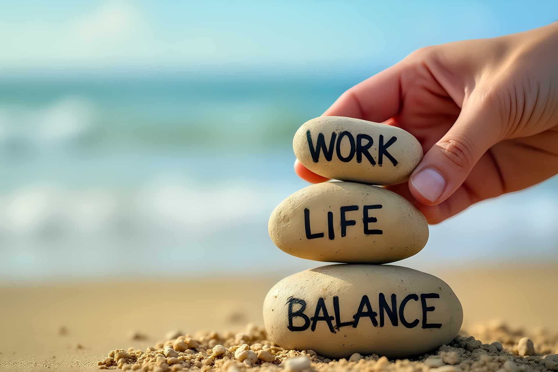 Steine mit Aufschrift Work Life Balance am Strand | Pflegefachkraft Frankfurt